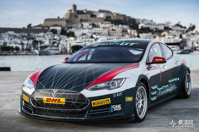 A fully electric Tesla Model S P85+ with 416 HP and 600 Nm of Torch is seen in the race version for the new Electric GT World Series during the unvieling event in Ibiza, Spain on September 27, 2016. The organisers of this zero-emission-series announced seven stops in Europe and three in North and South America for 2017 with ten teams and twenty drivers.