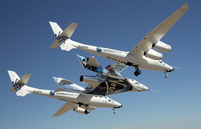 The VMS Eve (Virgin Mother Ship) carrys VSS Unity (Virgin Spaceship) for its first flight ever over Mojave, CA on Thursday September 8, 2016.